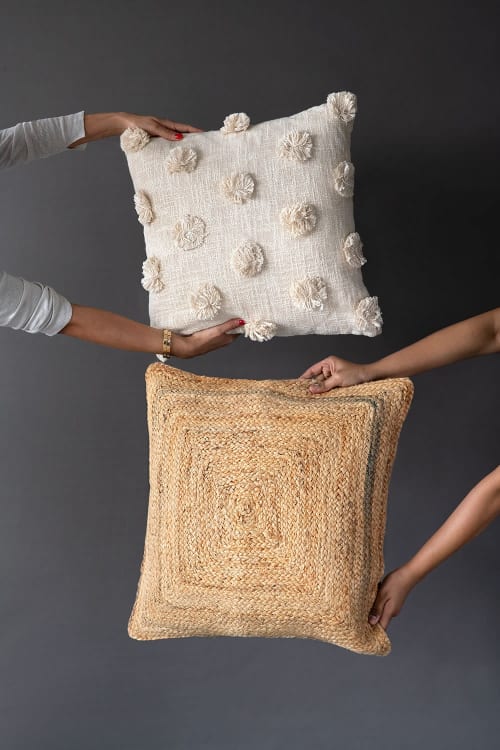 Mia Pom Pom Cushion, Natural Offwhite | Pillows by Casa Amarosa