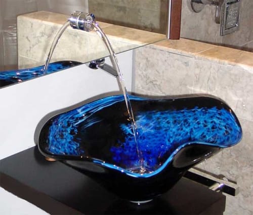 "Night Dance" ~ Custom Glass Vessel Sink | Water Fixtures by White Elk's Visions in Glass - Glass Artisan, Marty White Elk Holmes & COO, Jo Pierce