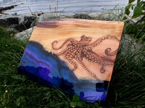 Octopus Ink  -17x14 Collaboration of woodburning and resin | Art & Wall Decor by Bisa Lisa Studio | MeeT on Main in Vancouver