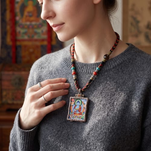 Handcrafted Medicine Buddha Thangka Amulet Pendant Art | Ornament in Decorative Objects by Dynasty Artisan