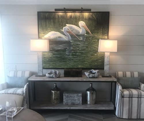 "Elegance" 40x60 o/c of white pelicans | Paintings by Kathleen Dunphy Fine Art