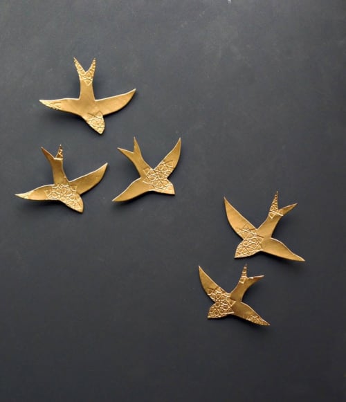 Swallows over Morocco Gold Birds - Set Of 5 | Wall Sculpture in Wall Hangings by Elizabeth Prince Ceramics