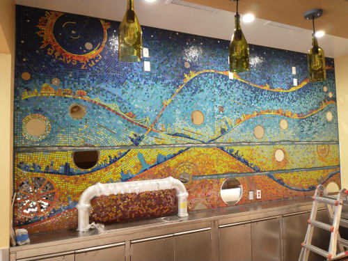 Mosaic wall for the Zackarys pizza bar area | Interior Design by Margarita Soyfertis | Zachary's Chicago Pizza in Pleasanton