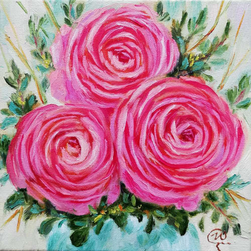 Bridal flowers painting canvas, Pink ranunculus art | Paintings by Iryna Fedarava
