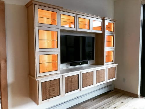 Lighted media cabinetry | Furniture by Heirloom Custom Woodworks LLC | Portland Tower in Minneapolis