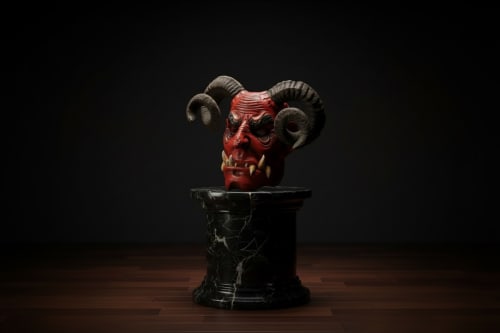 Hand-Carved Devil Mythology Mask Bust on Black Marble Base | Decorative Objects by Holzkunst Samuel Meisinger
