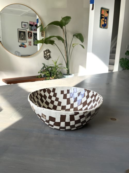 Earthy Brown Stoneware Serving Bowl | Round Checkered Bowl | Serveware by Casa Studio