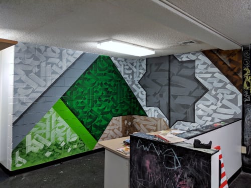 Green geometry mural | Murals by Balance313 | Globeville Center in Denver