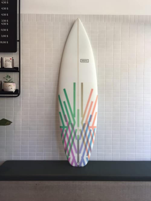 Surfboards with Guava & Swimsuits by June swimwear. | Art Curation by Jason Cantoro | Simons Centre Ville in Montréal