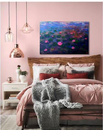 Pink water lilies in the twilight | Paintings by Elena Parau