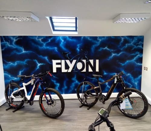 Flyon Display Mural | Murals by Mark One87 | The Morpeth Electric Bicycle Company - Haibike Super Center, Lapierre, Raleigh in Morpeth