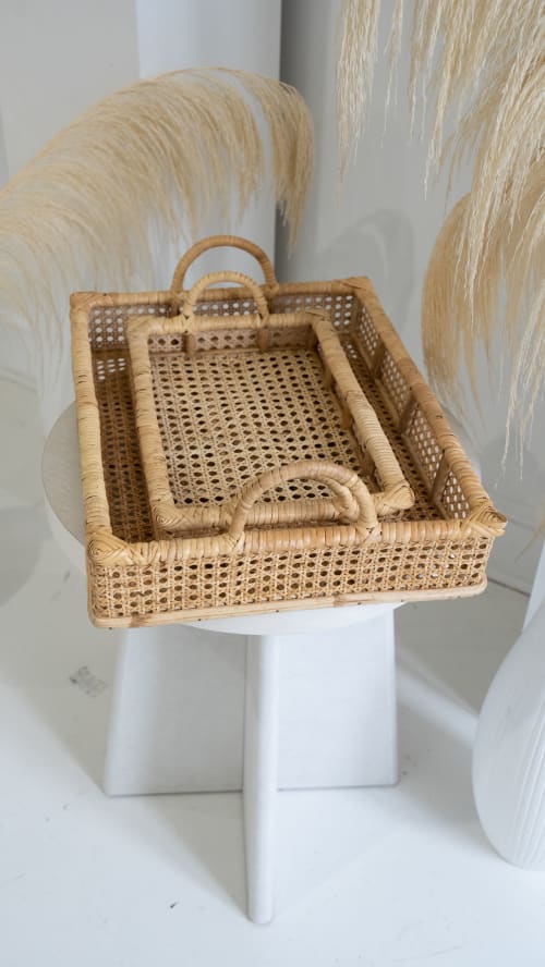 Handmade 20" Rectangle Woven Rattan & Cane Tray with Handle | Serveware by Amara