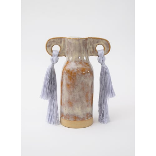 Handmade Ceramic Vase #606 in Grey Glaze with Tencel Fringe | Vases & Vessels by Karen Gayle Tinney