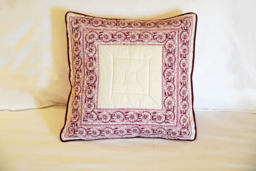 Floral Bordered Cushion Cover with Embroidery | Linens & Bedding by Jaipur Bloc House