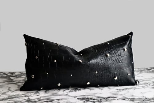 Petite Black Embossed Leather Pillow Cover - Chrome Pearls