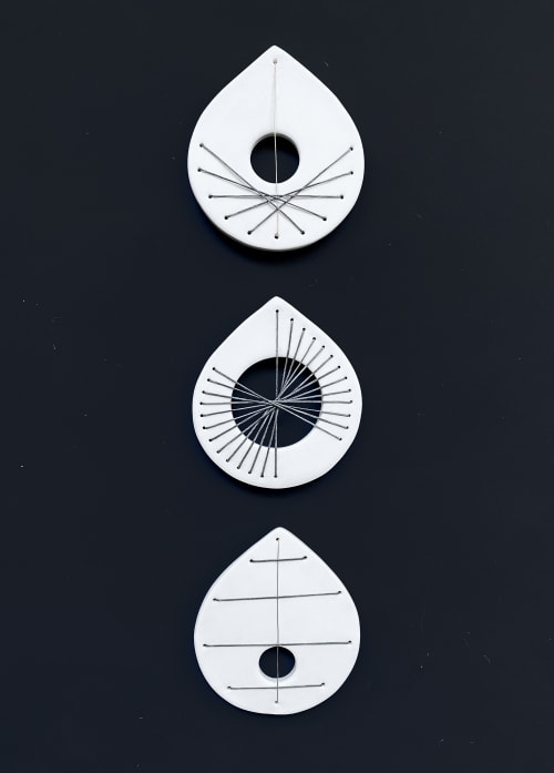 3 Geometric Stitched Ceramics | Wall Sculpture in Wall Hangings by Elizabeth Prince Ceramics