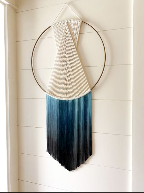 Teal dip dyed gold hoop macrame wall hanging | Wall Hangings by The Cotton Yarn