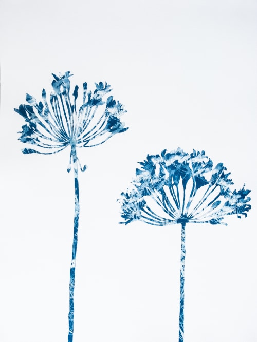 Delft Agapanthus 5: 24 x 18" Original Painting-Cyanotype Mix | Watercolor Painting in Paintings by Christine So | O'Hanlon Center For the Arts in Mill Valley