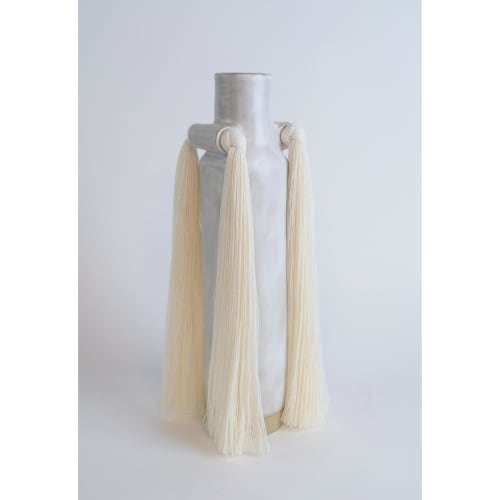 Handmade Vase #703 in White with Cotton Fringe | Vases & Vessels by Karen Gayle Tinney