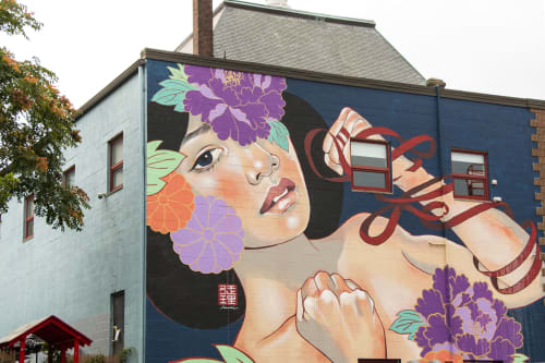 Japanese Figure Floral Mural: Exterior Cinder Block | Street Murals by JUURI