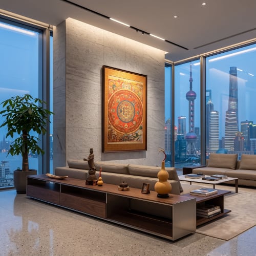 Framed Luxury Yunjin Silk Eight Auspicious Symbols Thangka | Embroidery in Wall Hangings by Dynasty Artisan