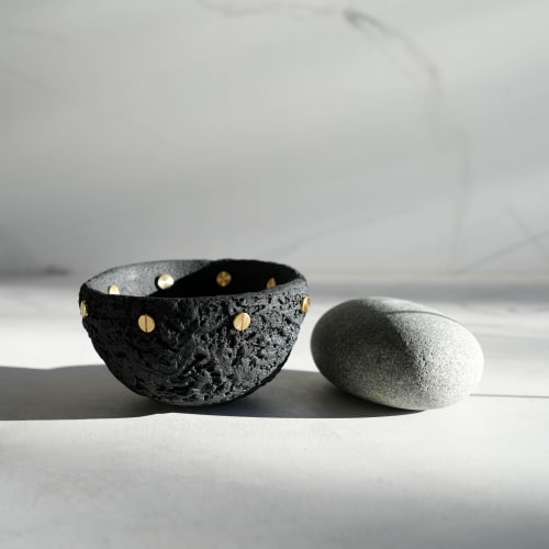 Medium Treasure Bowl in Textured Black Concrete & Brass | Decorative Objects by Carolyn Powers Designs