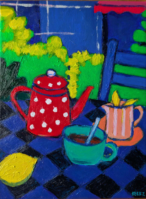 Red Polka Dot Teapot: Vibrant Fauvist Still Life | Oil And Acrylic Painting in Paintings by Berezart
