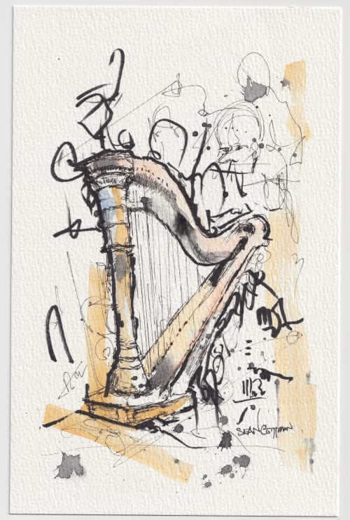 Contemporary Ink Harp Illustration – Music‑Inspired Art | Watercolor Painting in Paintings by Sean Cottman Art