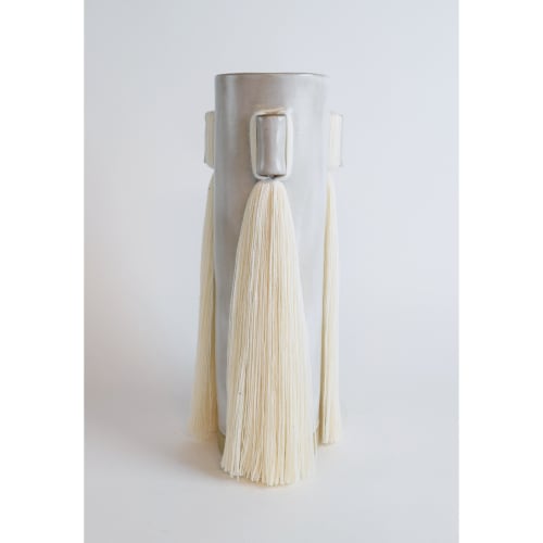 Handmade Ceramic Vase #607 in White with White Cotton Fringe | Vases & Vessels by Karen Gayle Tinney