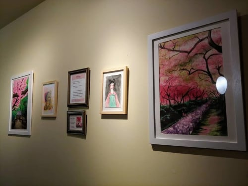 Spring Cherry Blossom Watercolor Painting, titled "Under the Blossoms" | Paintings by Zoee Xiao | Saturn Building in Seattle