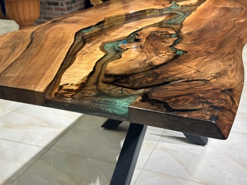 Custom Blue Epoxy Resin Olive Wood Dining Table - Gul Natural