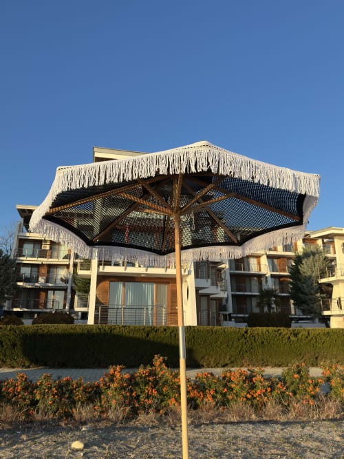 Handmade Macrame Boho Beach Umbrella with Cotton Fringe | Textiles by Dimitar Kostadinov | Aparthotel Crotiria in Burgas