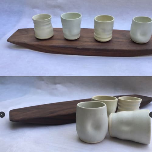 Shot Tray, porcelain and walnut wood. | Cups by Helen Duncan