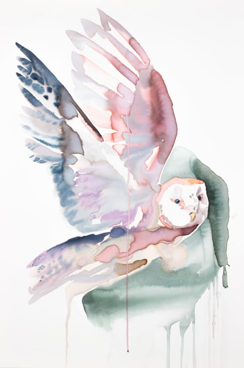 Flying Owl : Original Watercolor Painting on Canvas | Paintings by Elizabeth Becker