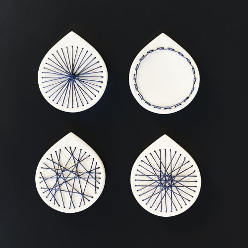 4 Blue Stitched Geometric Ceramics | Wall Sculpture in Wall Hangings by Elizabeth Prince Ceramics