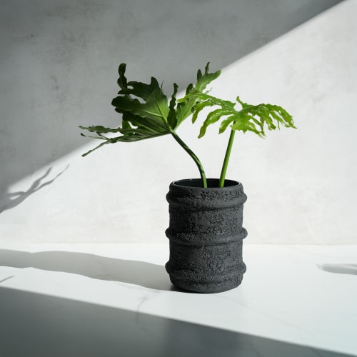 Wide Cylinder Vase in Striped Carbon Black Concrete | Vases & Vessels by Carolyn Powers Designs