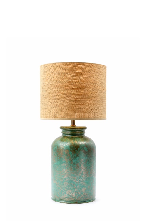 Green metallic ceramic Table Lamp with Raffia Drum Shade | Lamps by ENOceramics