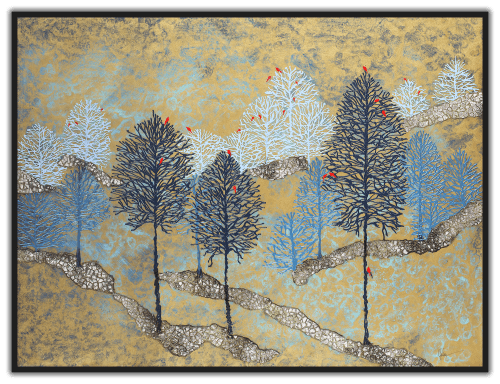 Twenty-Four in the Trees 42"x32" - Mixed Media on Wood Panel | Paintings by Carolyn Johnson Coastal Art