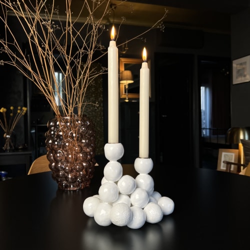 Arty White Candleholder "Textures Pearls" for 2 Candles Sphe | Candle Holder in Decorative Objects by IRENA TONE
