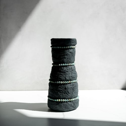 Extra Large Fluted Vase in Black Concrete and Turquoise | Vases & Vessels by Carolyn Powers Designs