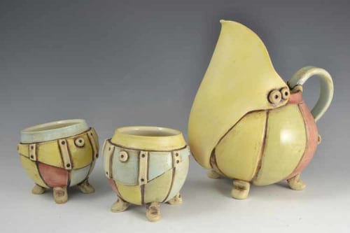 Round Ceramic Pitcher with Yellow Pelican Beak Spout | Tableware by Geometric Illusion Ceramics (Tania Rustage)