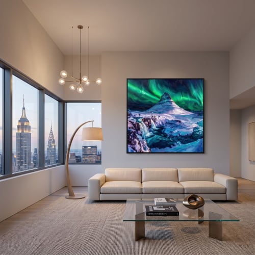 Iceland Kirkjufell Aurora Impasto Oil Painting Fine Art | Oil And Acrylic Painting in Paintings by Dynasty Artisan