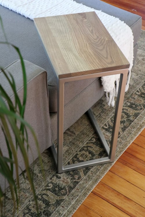 Solid Ash Wood & Silver Metal C Table with Grey Stain | Side Table in Tables by Hazel Oak Farms