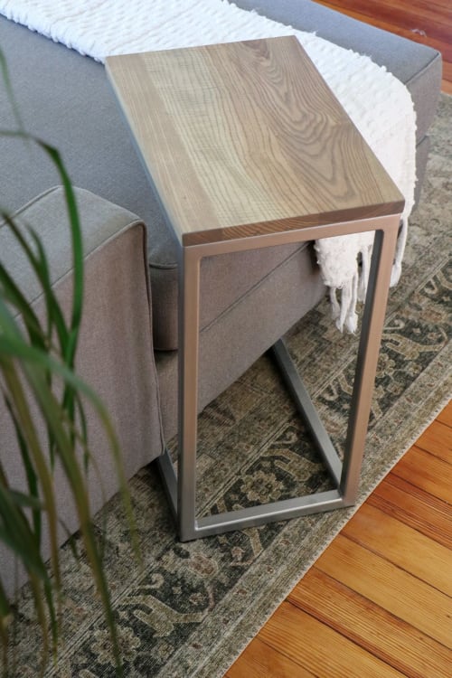 Solid Ash Wood & Silver Metal C Table with Grey Stain | Furniture by Hazel Oak Farms