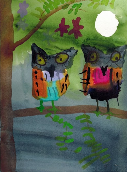 Two Owls - Original Watercolor | Watercolor Painting in Paintings by Rita Winkler - "My Art, My Shop" (original watercolors by artist with Down syndrome)