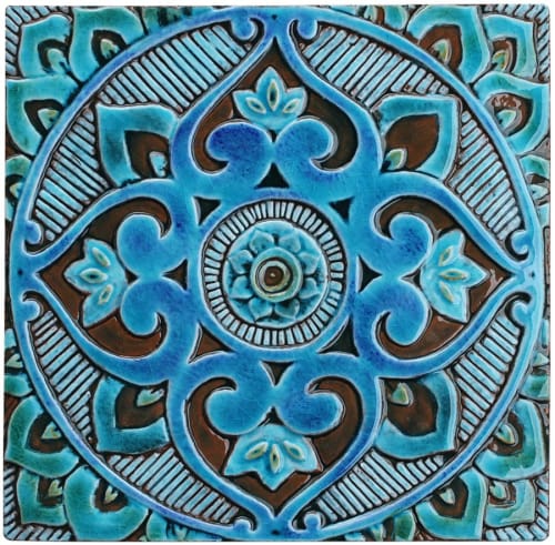 Set of 12 large turquoise-tile Outdoor wall art installation | Tiles by GVEGA