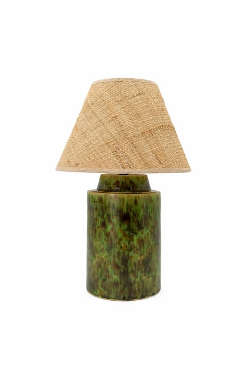 Handglazed Ceramic pistachio green table lamp with raffia | Lamps by ENOceramics