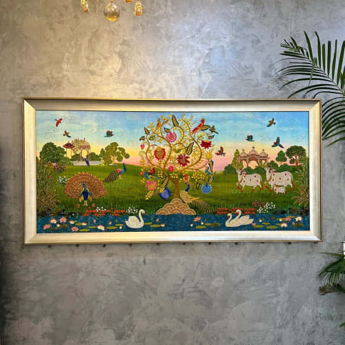 Home Décor Large Handmade Bejewelled Wall Art “Vasudhaiva Ku | Embroidery in Wall Hangings by MagicSimSim