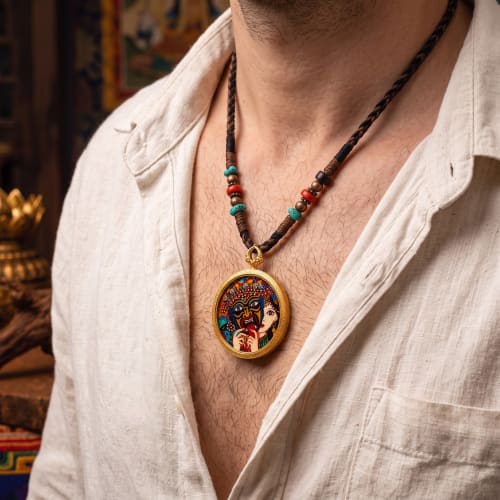 Zhaji Lhamo Thangka Gold Engraved Kalachakra Pendant | Ornament in Decorative Objects by Dynasty Artisan