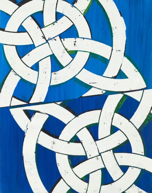 "Blue Cheer" Moroccan interlocking pattern in white and royal blue. Augustus Owsley Stanley III-inspired title | Paintings by Margaret Lanzetta